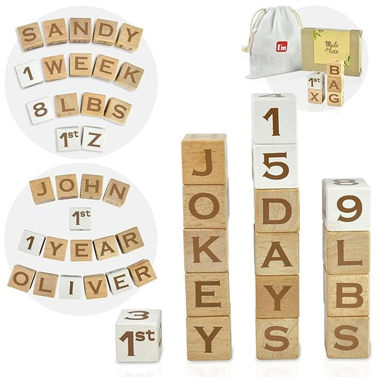 I'm Solid Wood Baby ABC Alphabet Milestone Age Blocks, Personalized Own Name, Gender Neutral, Newborn Gifts & Keepsakes for Picture Props (1.4" / 16 Pcs/Brown)