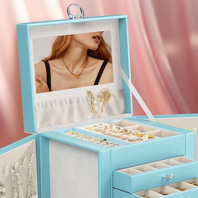 5-Layer Jewelry Box with 4 Drawers, Huge Portable Jewelry Organizer with Lock and Mirror for Women, for Necklace Ring Earring Bracelet Storage, Lockable Jewelry Case, Blue