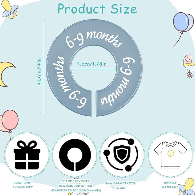 8 Pcs Baby Closet Dividers Unisex Baby Clothes Organizers Clear Labels for Nursery Closet Organizer & Decor Nursery Fits Most Rods(Modern,Cool Colors)