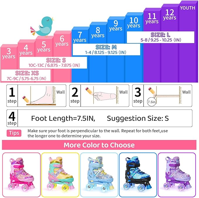 Nattork Kids Roller Skates for Girls Kids, 4 Sizes Adjustable Girls Roller Skates for Ages 3-12 with Light up Wheels & Safety Protection - Cool Birthday Gift for Indoor Outdoor Sports