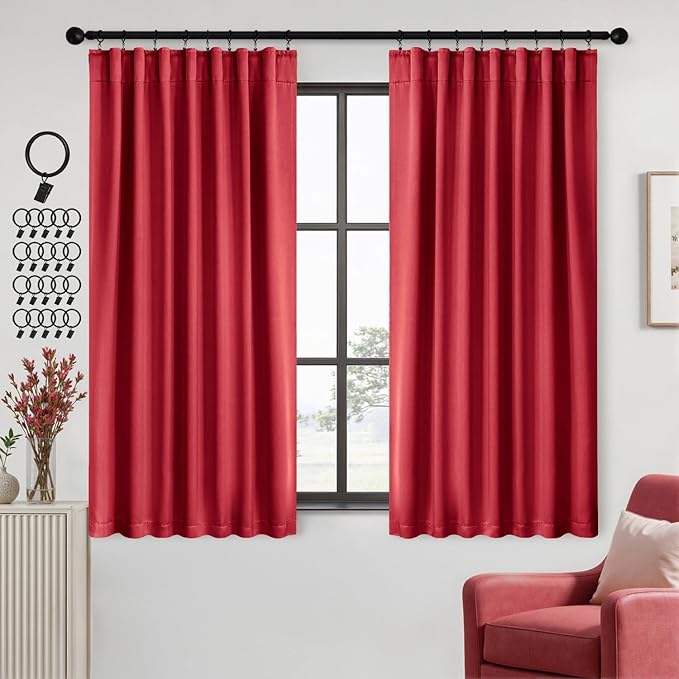 ANRODUO Back Tab Blackout Curtains for Bedroom Living Room, Rod Pocket Pinch Pleated Thermal Insulated Room Darkening Curtains 54 Inches Long 2 Panels, Red, 42 x 54 Inch