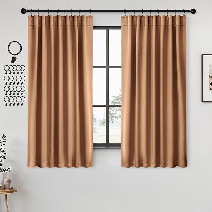ANRODUO Back Tab Blackout Curtains for Bedroom Living Room, Rod Pocket Pinch Pleated Thermal Insulated Room Darkening Curtains 63 Inches Long 2 Panels, Brown, 42 x 63 Inch