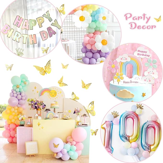 219Pcs Daisy Balloon Arch Garland Kit - Pastel Rainbow Balloons Arch Kit with Daisy Balloons,Banner,Cake Toppers,12 3D Butterfly, for Birthday Party, Baby Shower, Flower Themed Party Decorations