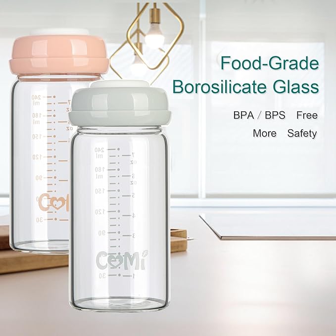 COMI Wide Neck Glass Breastmilk Collection n Storage Bottle, 8oz with Screw Ring Sealing Disk; Re-markable Sealing Disc. BPA Free, Fits Breast Pumps & Nipples (6 Pink Lids)