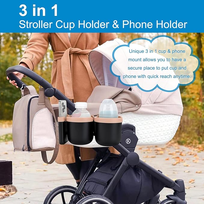 Accmor Stroller Cup Holder with Phone Holder, Bike Cup Holder, Universal Cup Holder for Uppababy Nuna Doona Strollers, 2-in-1 Cup Phone Holder for Stroller, Bike, Wheelchair, Walker, Scooter