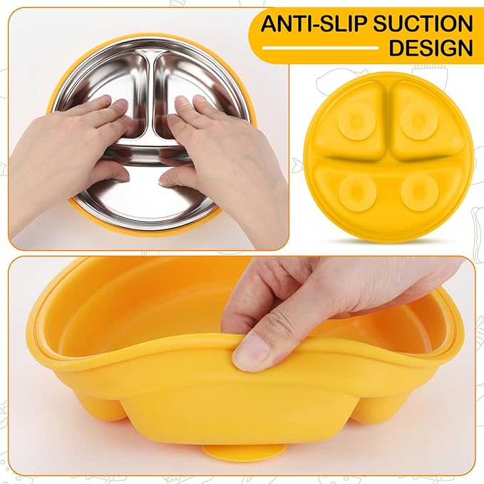 Nuogo 2 Pcs Stainless Steel Baby Suction Plates with Removable Silicone Shell 2-in-1 Metal Toddler Bowl Divided for Picky Eaters Kids Feeding Led Weaning Supplies, Dishwasher Safe (Yellow,Blue)