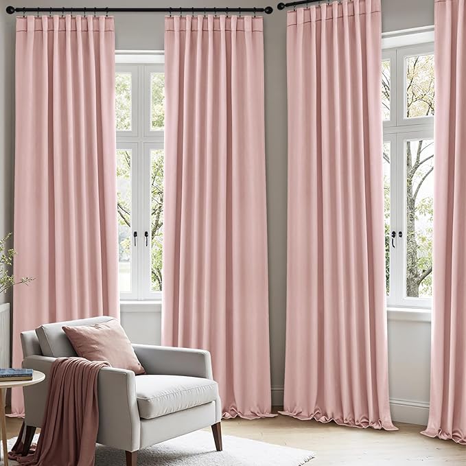 ANRODUO Light Pink Blackout Curtains for Girls Bedroom Living Room, Back Tab Rod Pocket Pinch Pleated Thermal Insulated Room Darkening Curtains 108 Inches Long 2 Panels, 52 x 108 Inch