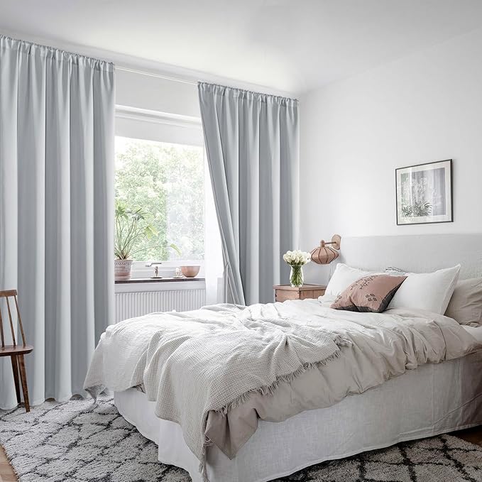 XWZO Full Shading Blackout Curtains with Tiebacks- Heat and Light Blocking Rod Pocket Window Drapes with Black Liner Backing for Bedroom/Kid's Room, Light Grey, W42 x L63, Set of 2 Panels
