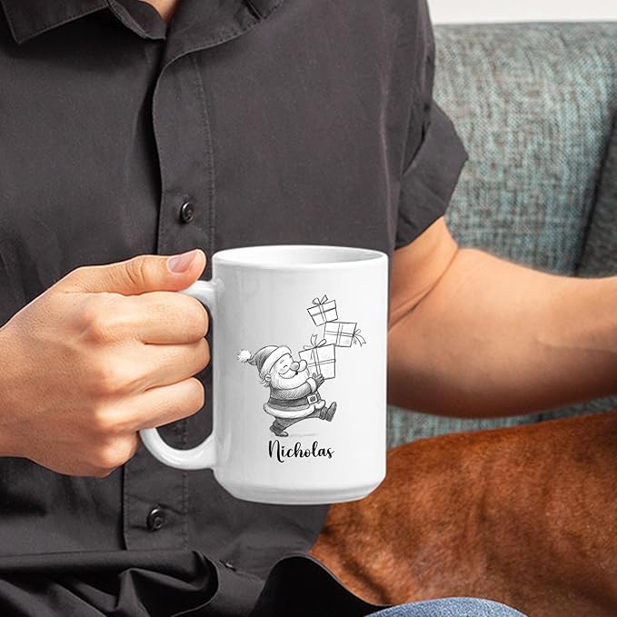 Santa Claus White Ceramic Teacup, Personalized Santa Claus Accent Coffee Mug Gift For Grandson Boyfriend Brother on Christmas Holiday, Unique Birthday Coffee Cup 11 Oz 15 Oz, Custom Name Kids Teacup