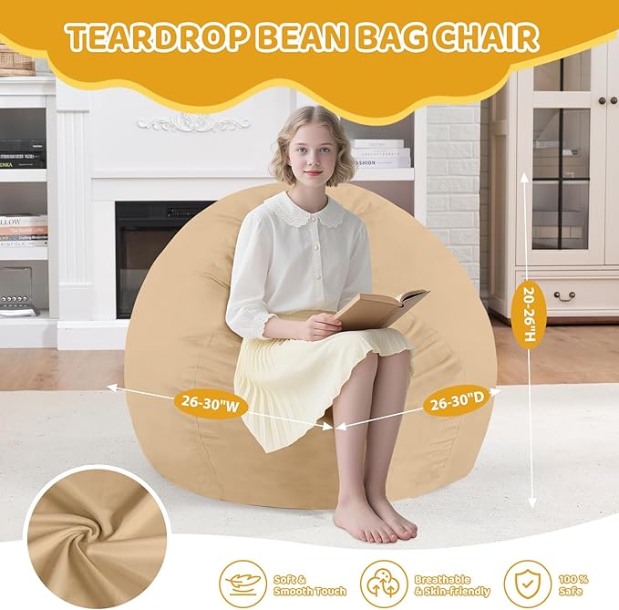 2FT Bean Bag Chair, Comfy Bean Bag Chairs with Memory Foam Filled, Fluffy Beanbag Sofa with Dutch Velvet Cover, Teardrop BeanBag Chairs for Living Room, Playroom - Khaki