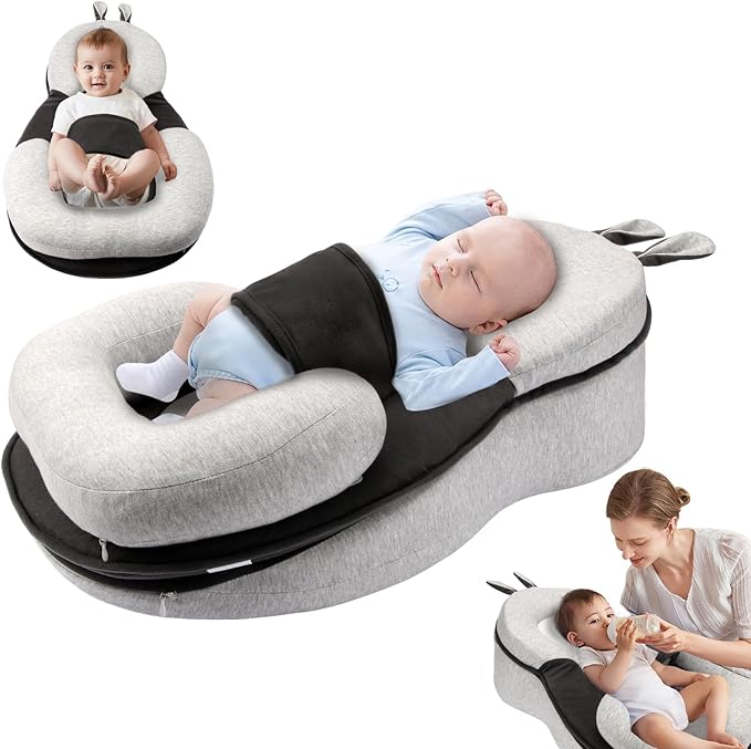 Baby Lounger,Pillow with Safety Straps, Dual-Function Removable Machine-Washable Pad, Lightweight & Portable（Gray）