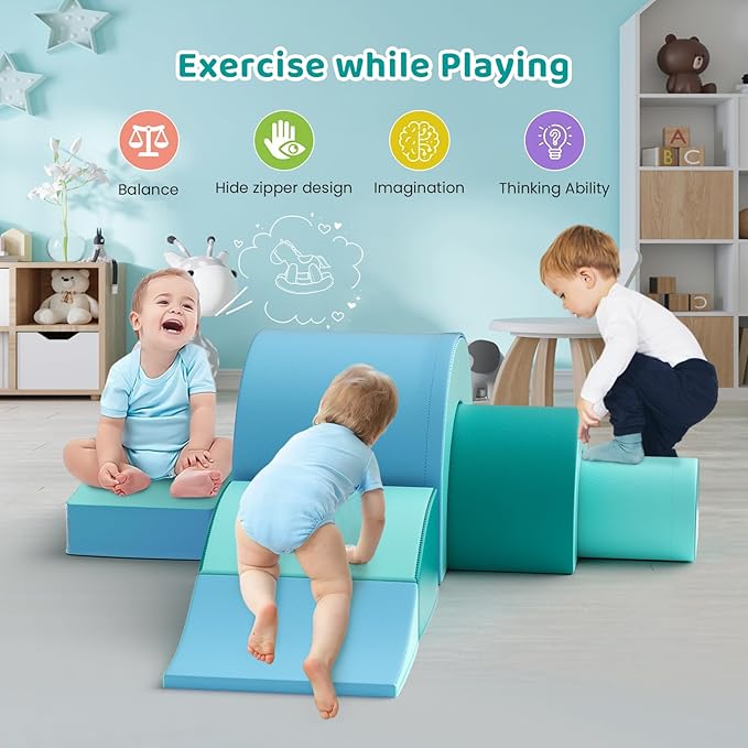 Lischwert Foam Climbing Blocks, Soft Climbing Toys for Toddlers, 5 Pieces Crawl and Climb Foam Playset with Foldable Block and Tunnel, Indoor Climber Activity Play Set for Kids Age 1+