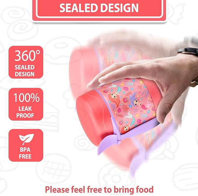 10oz Soup Thermo for Hot Food Kids,Lunch Thermo Kids Food Jar with Spoon Hot Insulated Food Containers,Leak Proof Stainless Steel Wide Mouth Lunch Food Thermo Jar for School(Pink-Mermaid)