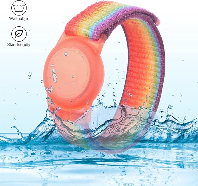 Kids Wristband Compatible with Apple AirTag, Protective Case for Air Tag GPS Tracker Holder with Nylon Bracelet, Adjustable Anti Lost Watch Band for Toddler Child Elder(2PacksRainbowB)