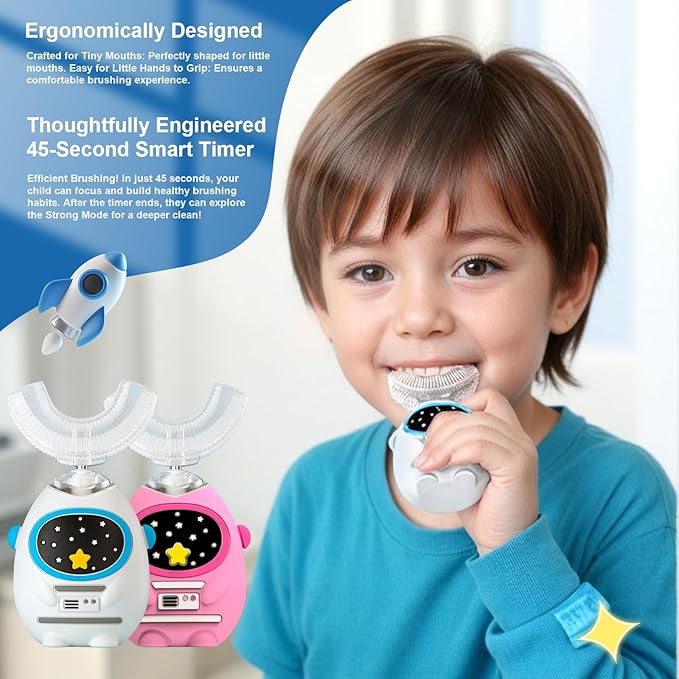 Kids U Shaped Electric Toothbrush with Music, 3 Modes, Voice Teaching, Mouthpiece Cleaning, Soft Bristle, Type-C Charging, Ages 3-12 Boys & Girls (Power Pink)