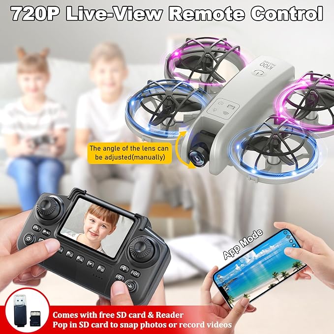 K100Max Mini Drones With Camera For Kids And Begginers, Indoor Small Helicopter Plane Quadcopter With Screen Remote Controller, Gift Toy for Boys and Girls, Headless Mode, 2 Batteries(Gray)