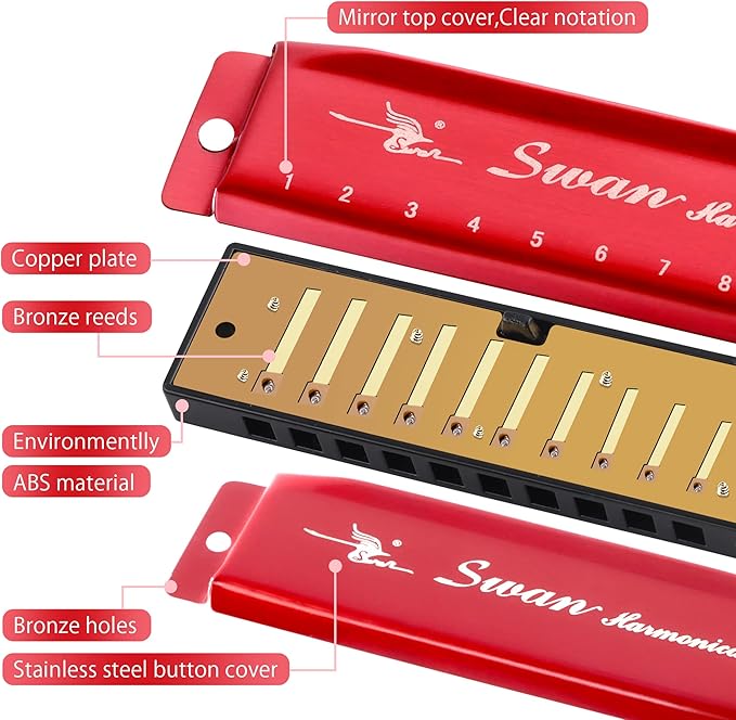 SWAN Blues Harmonica Key of C Mouth Organ Diatonic Harmonica with Case, 10 Hole 20 Tones Stainless Blues Harp for Adults, Beginners(Burgundy Red)