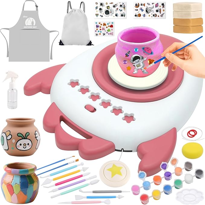deAO Pottery Wheel for Kids Complete Painting Set for Beginners Mini Pottery Wheel Kit with Air Dry Clay Tools, Arts & Crafts Clay Wheel Toys Birthday Gifts for Girls Boys Age 3+ (Red)