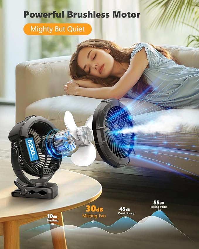 Ausic 3-in-1 Portable Clip on Fan with Misting & LED Lights & Hook, 100ML Baby Stroller Fan, 5200mAh Rechargeable Battery Operated & 360° Rotation & 3 Speeds for Table Outdoor Travel Camp Golf Cart
