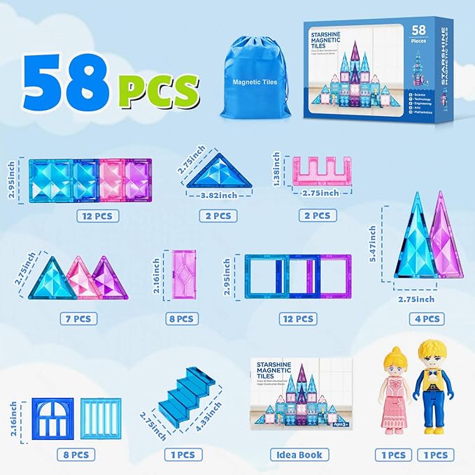 Ice Castle Magnetic Tiles-Sparkling Building Blocks, 3D Educational Toys for Kids, Construction STEM Toys for 3 4 5 6 7 8 Year Olds, Birthday Gift for Boys and Girls