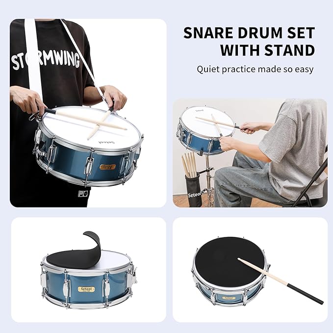 Snare Drum Set, 14" x 5.5" Marching Snare Drum with Stand & Storage Padded Bag + Silent Mute Pad + Drums Sticks + Drumstick Holder + Drums Key + Damper Gels for Adults Kids Beginners (Blue)