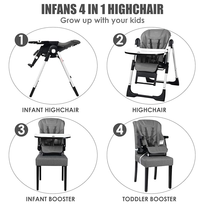 INFANS 4 in 1 High Chair–Booster Seat, Convertible Highchair w/Adjustable Height and Recline,Removable Tray,DetachableCushion, Installation-Free,Simple Fold for Baby, Infant& Toddler