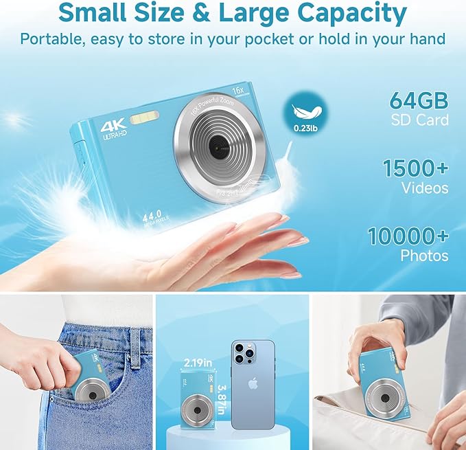Digital Camera for Teens, FHD 4K 44MP with 64GB SD Card, 16X Digital Zoom, Compact Point Shoot Camera Blue