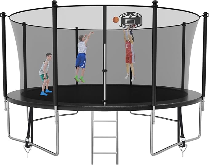 SKYUP Tranpoline 1500LBS 16 15 14 12 10 8 FT Tranpoline for 7-10 Kids and Adults, Windproof Outdoor Tranpoline with Enclosure Net, Basketball Hoop, Easy to Install & Last Long - ASTM Approved