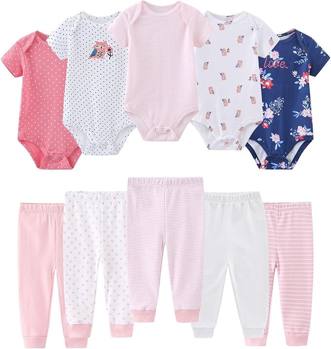 Baby Bodysuit and Pant Set 10-pcs Cotton Soft Newborn Boy Girl Clothes Outfits