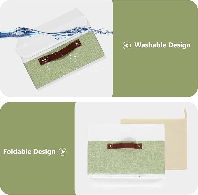 ANMINY 2PCS Storage Boxes with Lid Washable Decorative Storage Bins Basket with PU Leather Handle Foldable Linen Fabric Storage Cubes Containers for Home Closet Organizer - Green White, Large Size