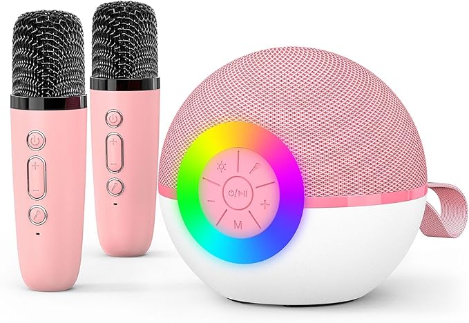 goopow Mini Karaoke Machine Speaker for Kids Adults, Portable Bluetooth Microphone Song Toys with LED Light, Best Chritmas Birthday Festival Gift for 3 4 5 6 7 8+ Year Old Girls Boys (Pink-2Mic)