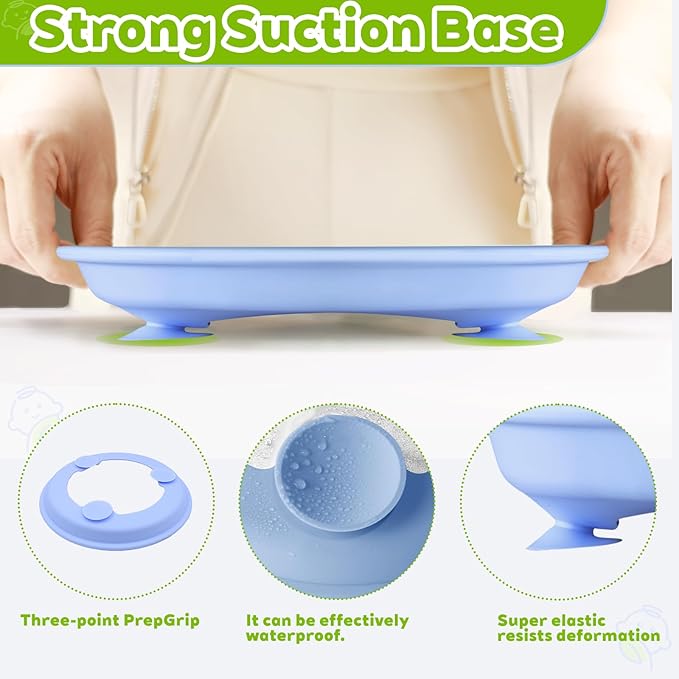 3-Pack Stainless Steel Baby Plates with Suction, BPA-Free Stainless Steel Kids Plates, 9” Divided Toddler Plate for Dishwasher Safe, Non-Slip Silicone Base, Detachable Design (Blue, Gray, Green)