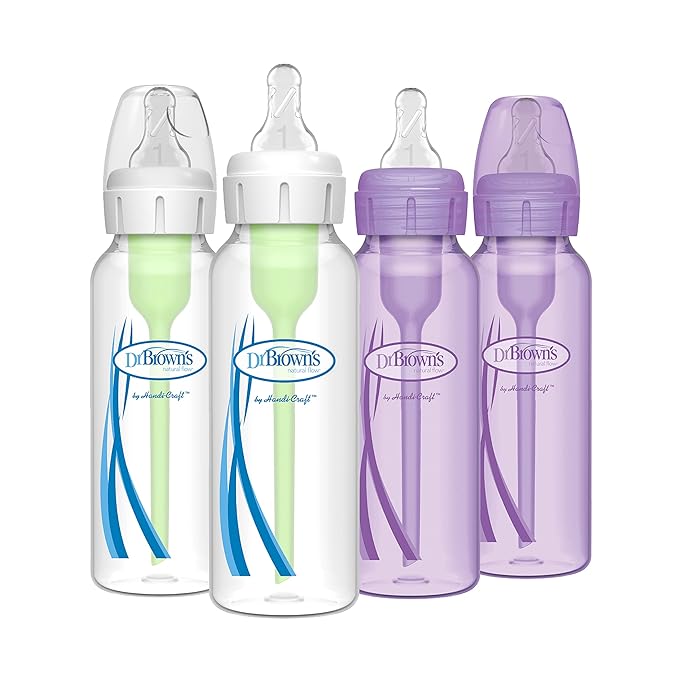Dr. Brown’s Natural Flow® Anti-Colic Options+™ Narrow Baby Bottles, 8 oz/250ml, with Level 1 Slow Flow Nipple, 4 Pack, Purple/Clear