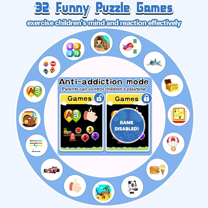 Kids Smart Watch Gift for Boys Ages 3-12, IP67 Waterproof, 32 Puzzle Games, HD Touchscreen Dual Camera Vedio Pedometer Music Player, Kids Watch Toy Birthday Gifts for Boys Ages 5 6 7 8 9 10 (Blue)