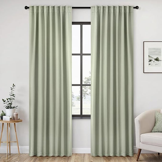 ANRODUO Back Tab Blackout Curtains for Bedroom Living Room, Rod Pocket Pinch Pleated Thermal Insulated Room Darkening Curtains 92 Inches Long 2 Panels, Sage Green, 42 x 92 Inch