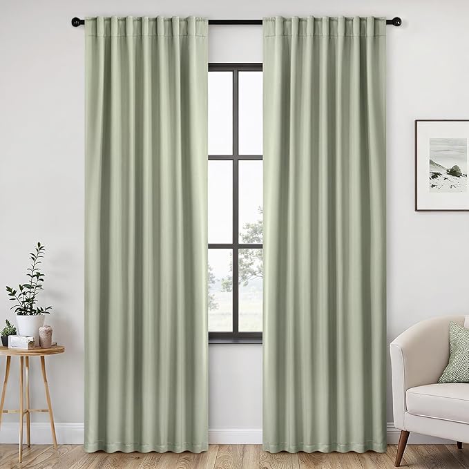 ANRODUO Back Tab Blackout Curtains for Bedroom Living Room, Rod Pocket Pinch Pleated Thermal Insulated Room Darkening Curtains 90 Inches Long 2 Panels, Sage Green, 42 x 90 Inch