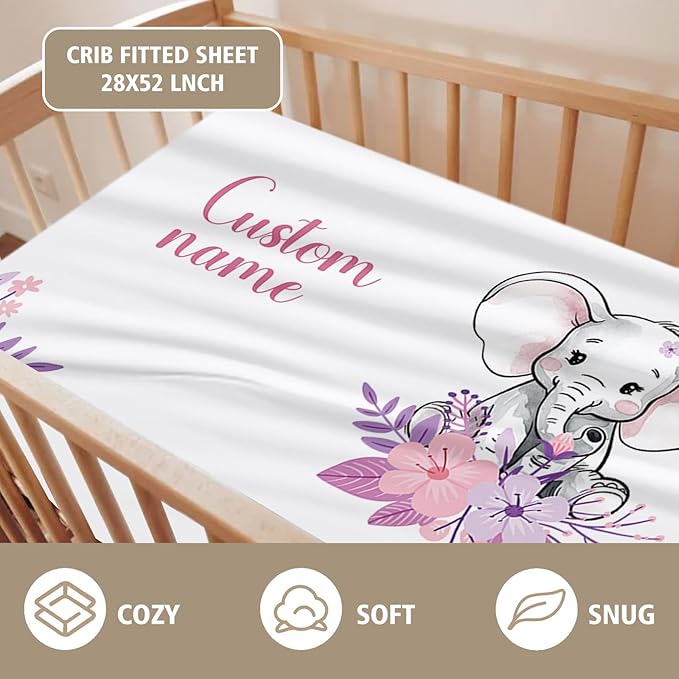 Custom Name Crib Bedding Set - Elephant Theme, Personalized Purple FlowerNursery Bedding 3-Piece Set– Soft Blanket, Fitted Sheet, Changing Pad Cover – for Newborns Girls Nursery Gifts