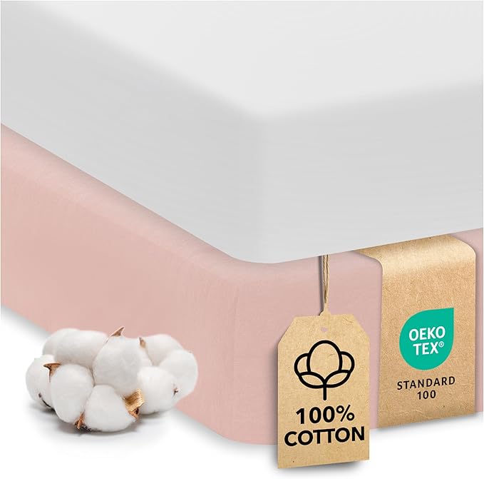 Sweety Fox 2-Pack Cotton Jersey Crib Sheets – Soft Fitted Sheets for Boys and Girls, Mini Crib Sheets, Toddler Bed Sheets (White/Pink)