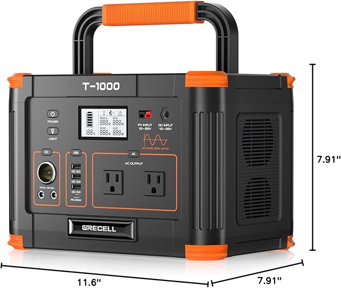 GRECELL 999Wh Solar Generator 1000W, Portable Power Station with 60W USB-C PD Output, 110V Pure Sine Wave AC Outlet Backup Lithium Battery for Outdoors Camping Travel Hunting Home (Peak 2000W)