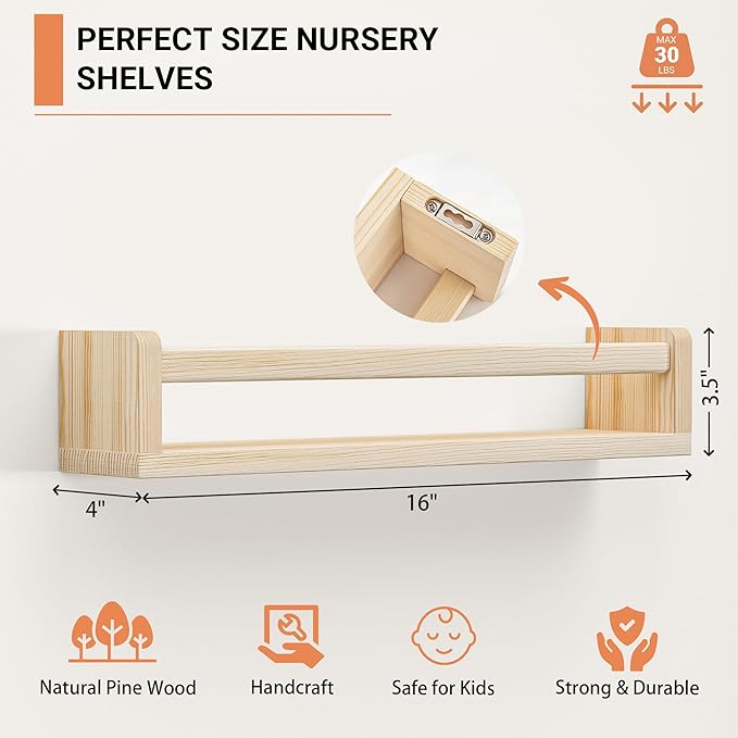 Heimlove Nursery Floating Shelves, Wood Nursery Book Shelves for Wall, 16 inch Wall Bookshelf for Kids Solid Wood Wall Mounted Shelves for Books,Toys and Decor Storage, Set of 2