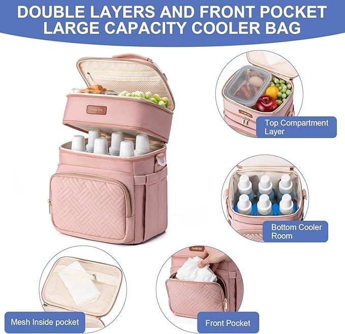 Insulated Breastmilk Cooler Bag with Ice Pack - Holds 6x9oz Bottles, Leakproof Double Layer, Baby Bottle Cooler Bag with Adjustable Strap for Nursing Moms, Daycare & Travel