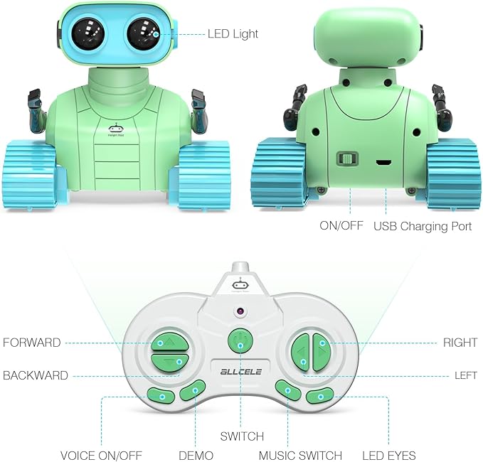 ALLCELE Robot Toys, Rechargeable RC Robots for Kids Boys, Remote Control Toy with Music and LED Eyes, Ideal Gift for Children-Green Blue