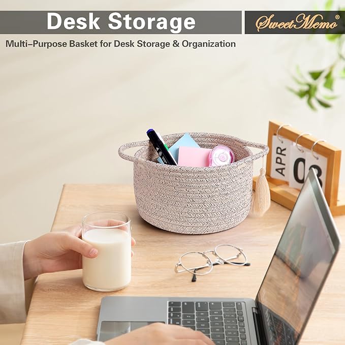 Empty Gift Basket – SweetMemo Mini Woven Rope Organizer Baskets for Gifting, Baby Shower, Desk, Makeup Brushes, Bathroom, Shelves – Small Decorative Storage Bin with Gift Bag & Ribbon – Warm Brown