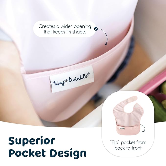 Tiny Twinkle Mess Proof Baby Bibs for Eating - Waterproof, Wipeable Bibs - Toddler Bibs - Travel Friendly - PFAS, PVC, BPA, Phthalate Free - Baby Food Bibs(3 Pack,Taupe, Rose)