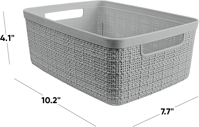 Curver Jute Decorative Plastic Organization and Storage Basket Perfect Bins for Home Office, Closet Shelves, Kitchen Pantry and All Bedroom Essentials, Small, Grey, Set of 8