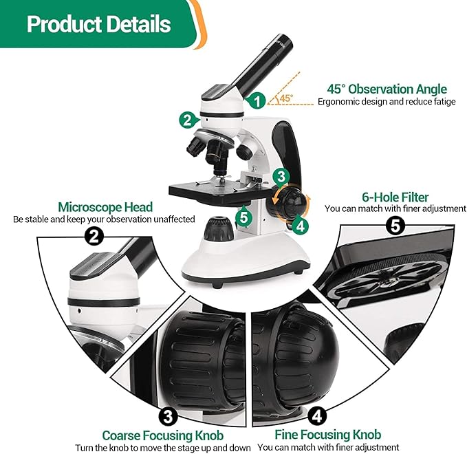 BNISE Microscope kit for Kids Adults Students, 40X-2000X Magnification, Prepared Slides Kit, Dual LED Illumination, All Glass Optics, and Cordless Capability for Children Beginner