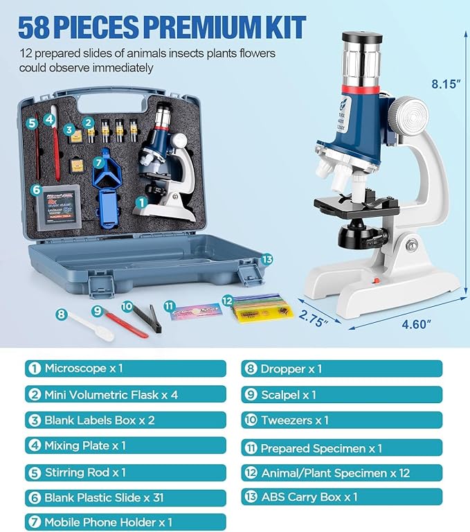 58-Piece Kids Microscope Kit - 100X-1200X Magnification, Metal Body, LED Light, Carrying Box - Science Experiment Toy for Kids Ages 5-12