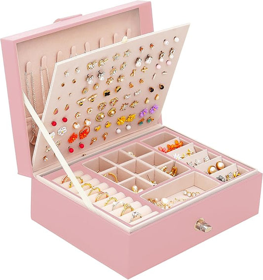 Girls Jewelry Box Earring Holder Organizer for Girls Earring Organizer Teen Jewelry Box Organizer for Girls Pink jewelry Boxes for Earrings Necklaces Rings Stud Earrings Box Organizers Teens