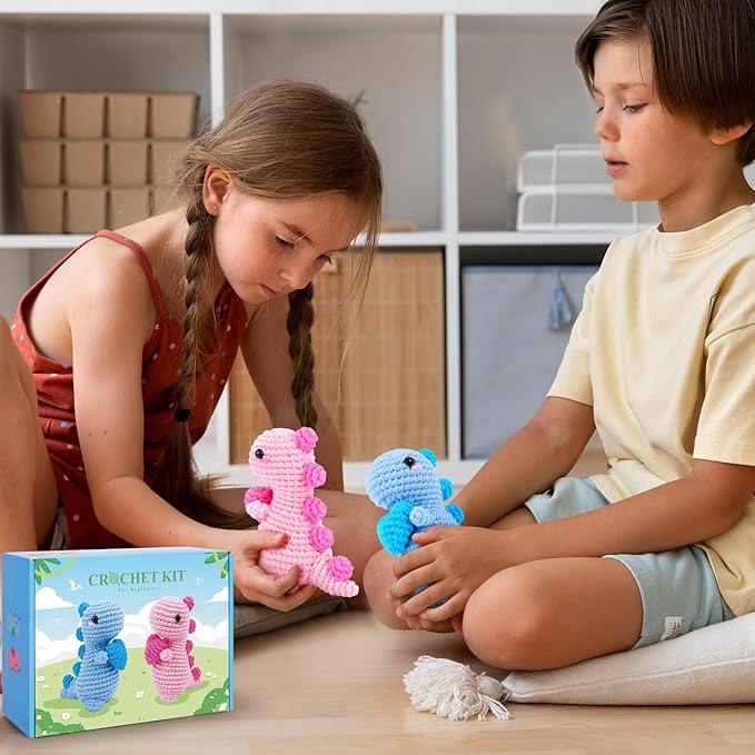 Heart Dinosaurs Crochet Kit for Beginners - 2PCS Blue and Pink Dinosaurs Crochet Kit with Step-by-Step Video Tutorials, Dinosaur Crochet Starter Kit for Adult Kid, Crochet Stuffed Animal Knitting Kit