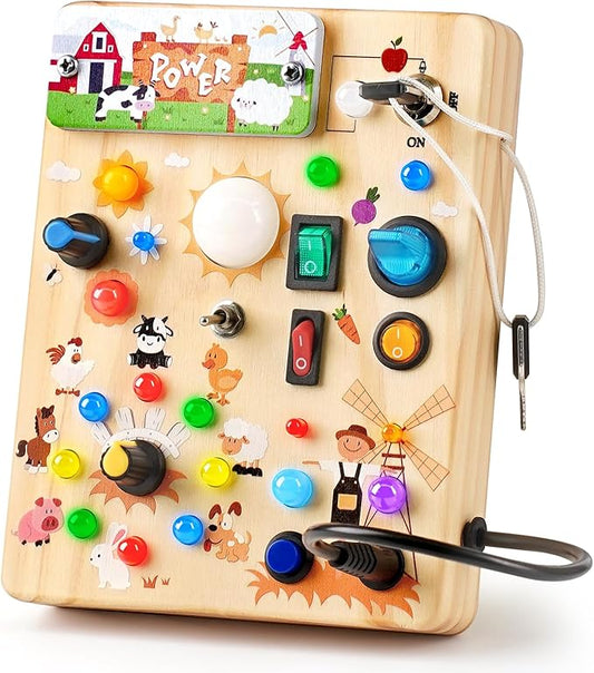 Joyreal Wooden Busy Board with LED Light, Montessori Toddler Toys, Wooden Sensory Board, Toddlers Activity Travel Toys for Boy & Girl Birthday Gift (Farm Theme)
